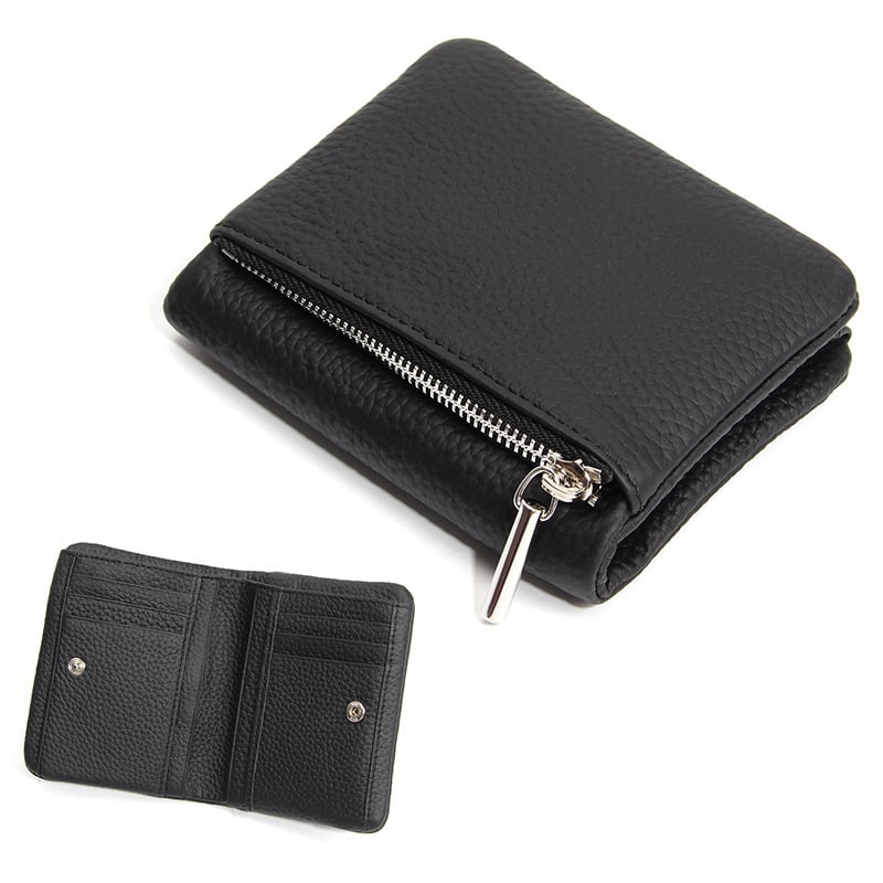 Portofel compact din piele de vită de prim strat, Unisex, fermoar subțire, suport pentru carduri și monede, pentru uz zilnic