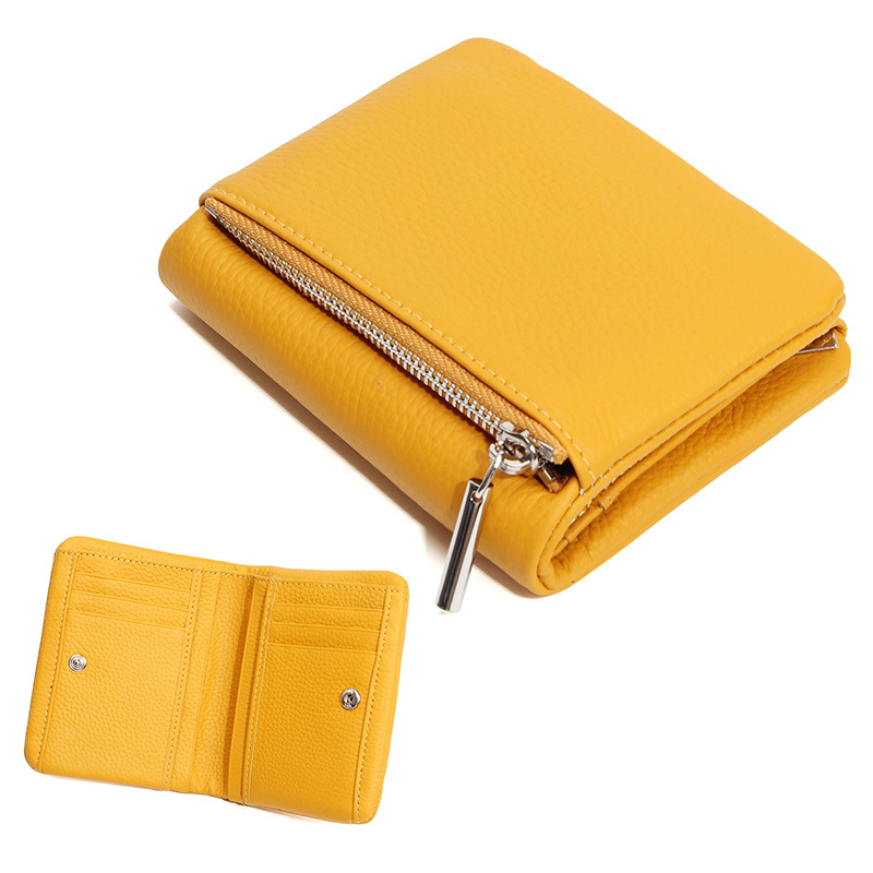 Portofel compact din piele de vită de prim strat, Unisex, fermoar subțire, suport pentru carduri și monede, pentru uz zilnic