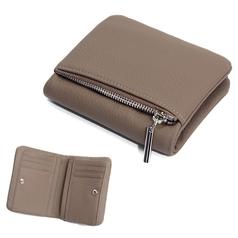 Portofel compact din piele de vită de prim strat, Unisex, fermoar subțire, suport pentru carduri și monede, pentru uz zilnic