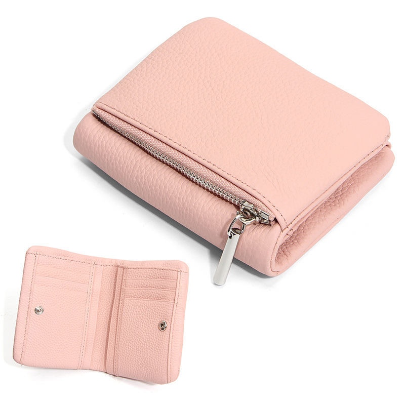 Portofel compact din piele de vită de prim strat, Unisex, fermoar subțire, suport pentru carduri și monede, pentru uz zilnic