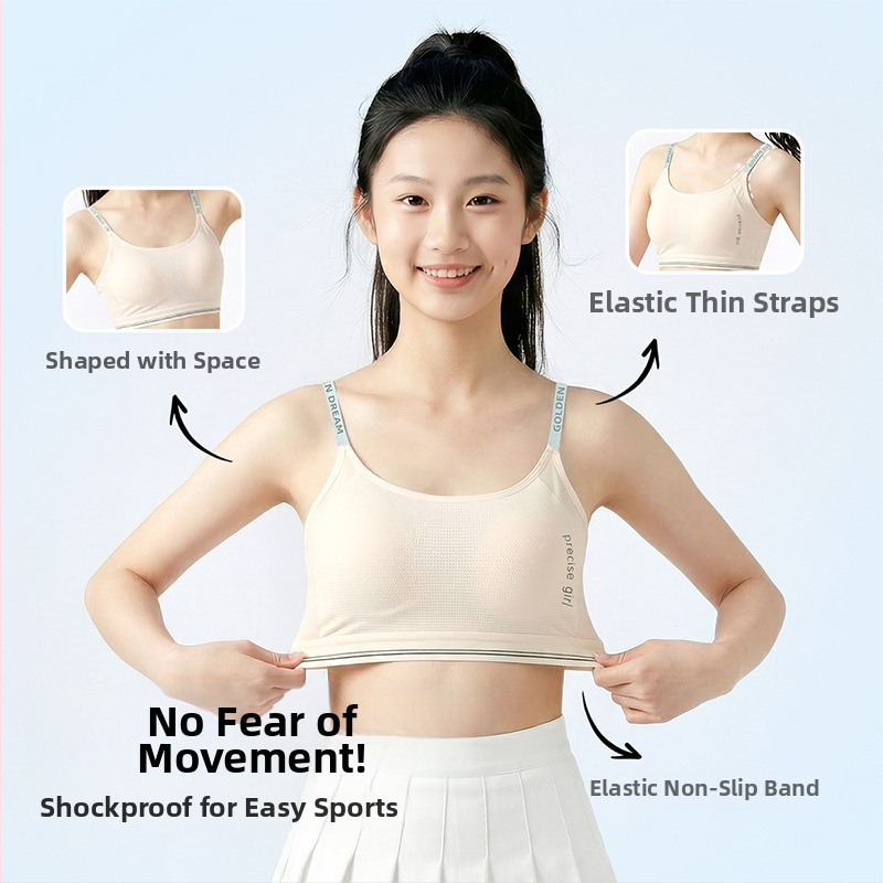 Κοριτσίστικο αθλητικό σουτιέν με σταθερό κύπελλο, διαπνοή, τριγωνικό σχήμα κύπελλου, ναϊλον ύφασμα, Στάδιο 2 (12–15 ετών)