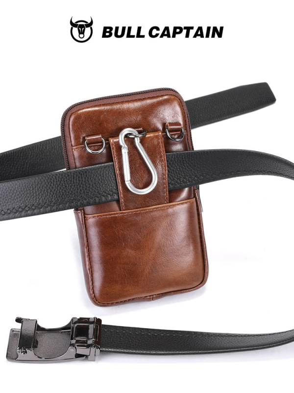 Мъжка кожена поясна чанта за кръста, естествена кожа, първи слой телешка кожа, износоустойчива, подплата полиестер-памук, пасва устройство до 8 инча