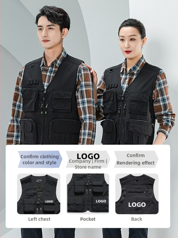 Fotografické pracovné vesti s logom na mieru, viac vreciek, sieťové panely, nylon/polyamid 100%, zips, voľný strih, leto