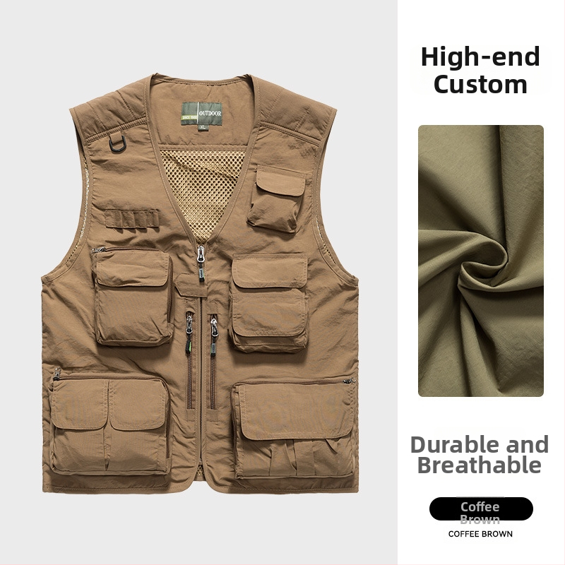 Φωτογραφικό γιλέκο εργασίας με προσαρμοσμένο λογότυπο, πολλαπλές τσέπες με διχτυωτά πάνελ, νάιλον/πολυαμίδιο 100%, φερμουάρ, ευρύχωρη γραμμή