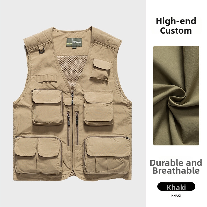 Φωτογραφικό γιλέκο εργασίας με προσαρμοσμένο λογότυπο, πολλαπλές τσέπες με διχτυωτά πάνελ, νάιλον/πολυαμίδιο 100%, φερμουάρ, ευρύχωρη γραμμή