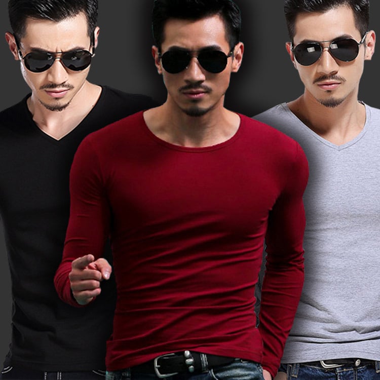 Pánske tričko s dlhými rukávmi, slim-fit, casual štýl, polyesterová tkanina, jednofarebný vzor