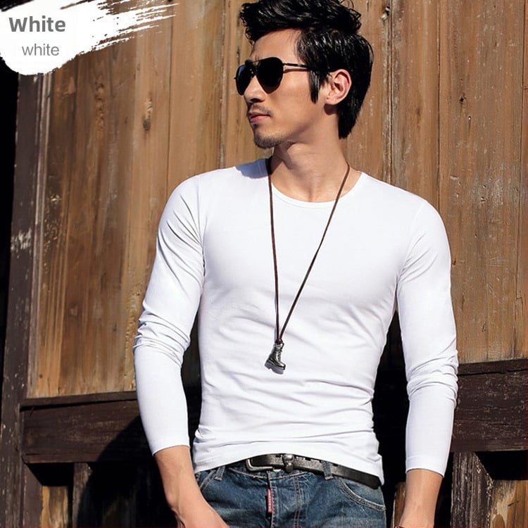 Pánske tričko s dlhými rukávmi, slim-fit, casual štýl, polyesterová tkanina, jednofarebný vzor