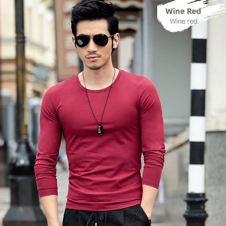 Pánske tričko s dlhými rukávmi, slim-fit, casual štýl, polyesterová tkanina, jednofarebný vzor