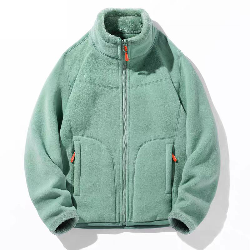 Uniszex polár fleece kabát reverszibil korál fleece bélésével, kardigán stílus, őszi–téli használatra, levehető belső réteg