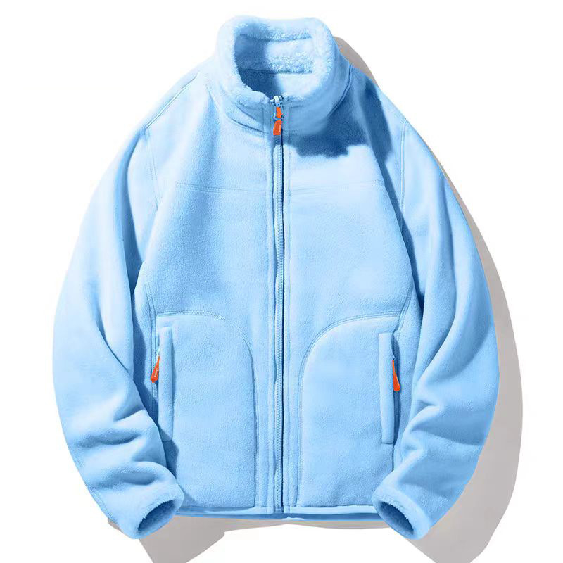 Uniszex polár fleece kabát reverszibil korál fleece bélésével, kardigán stílus, őszi–téli használatra, levehető belső réteg