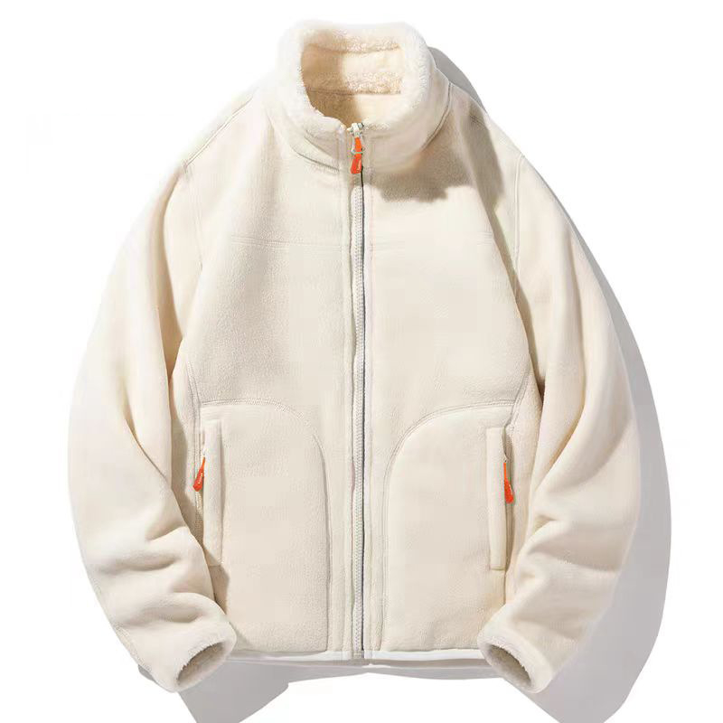 Uniszex polár fleece kabát reverszibil korál fleece bélésével, kardigán stílus, őszi–téli használatra, levehető belső réteg