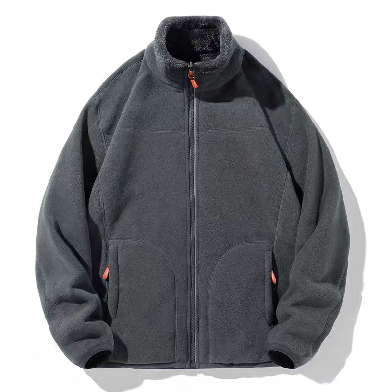 Uniszex polár fleece kabát reverszibil korál fleece bélésével, kardigán stílus, őszi–téli használatra, levehető belső réteg