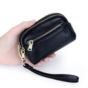 Ženski mini novčanik od prave kože s 3 džepovima na zip, 1 preklop dizajn, karirani uzorak