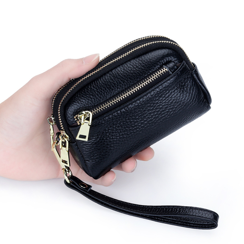 Ženski mini novčanik od prave kože s 3 džepovima na zip, 1 preklop dizajn, karirani uzorak