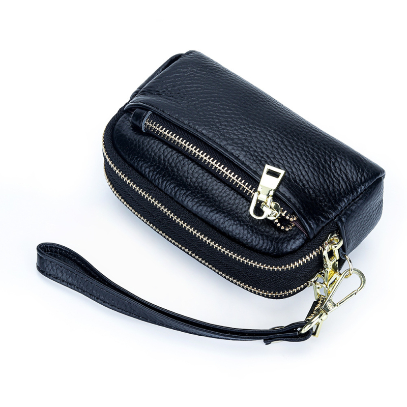 Ženski mini novčanik od prave kože s 3 džepovima na zip, 1 preklop dizajn, karirani uzorak