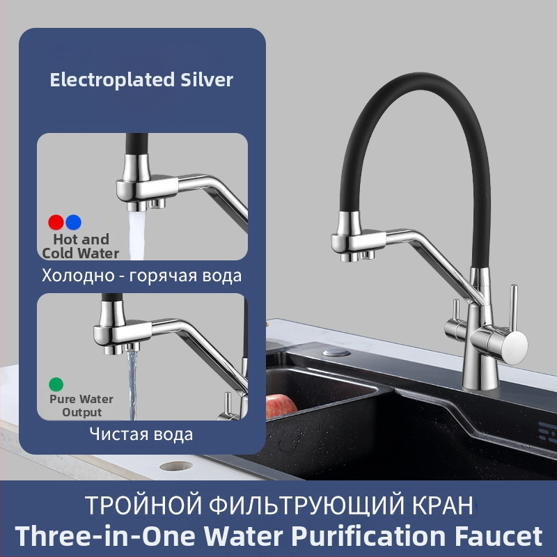 Kuchynský kohútik na umývanie riadu so studenou/teplou vodou, otočný 360°, filtr vody 3v1, keramický diskový ventil, mosadz konštrukcia