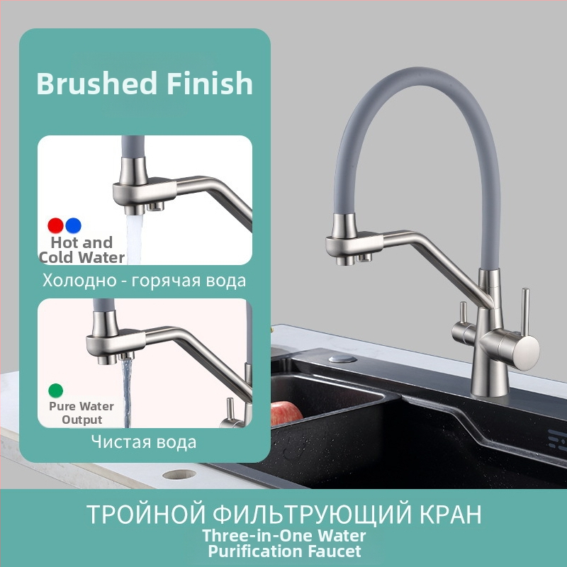 Kuchynský kohútik na umývanie riadu so studenou/teplou vodou, otočný 360°, filtr vody 3v1, keramický diskový ventil, mosadz konštrukcia