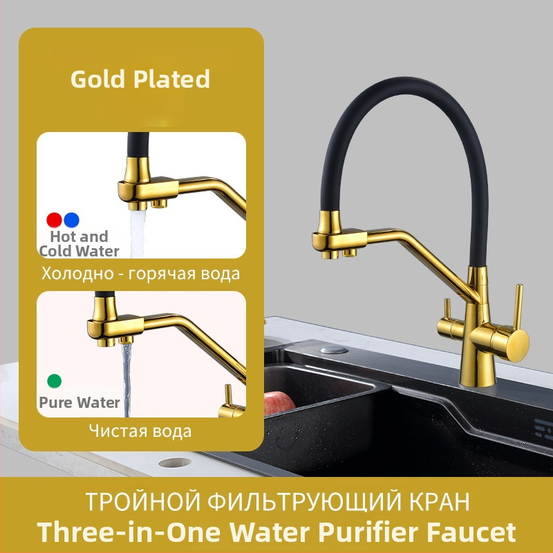 Kuchynský kohútik na umývanie riadu so studenou/teplou vodou, otočný 360°, filtr vody 3v1, keramický diskový ventil, mosadz konštrukcia