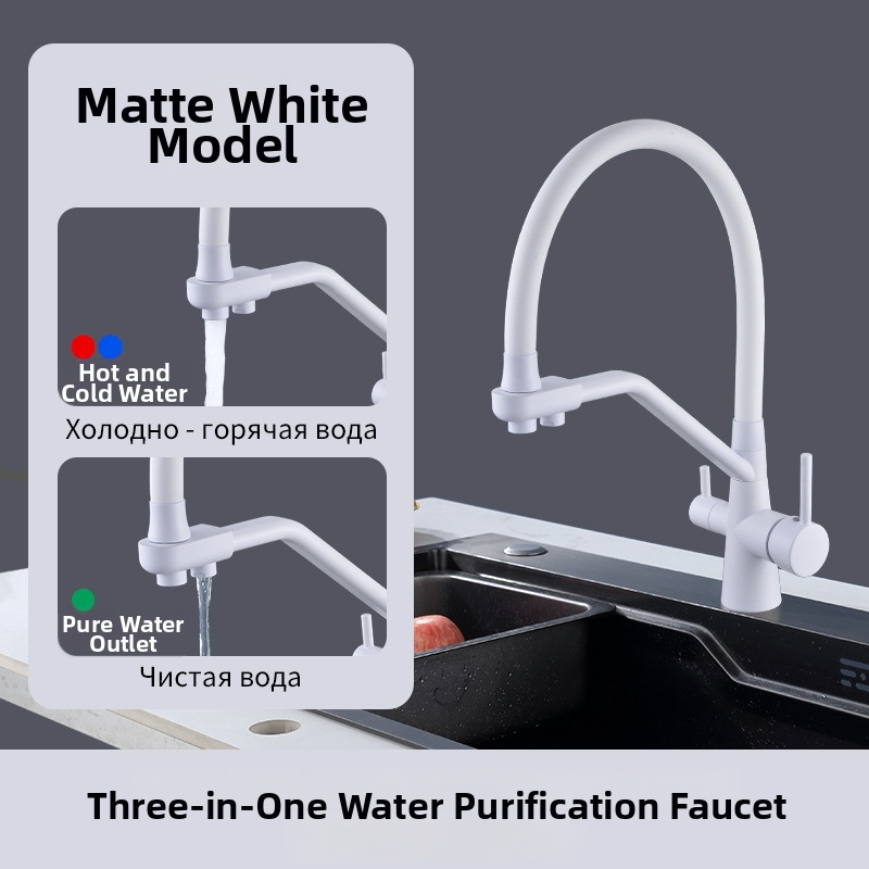 Kuchynský kohútik na umývanie riadu so studenou/teplou vodou, otočný 360°, filtr vody 3v1, keramický diskový ventil, mosadz konštrukcia