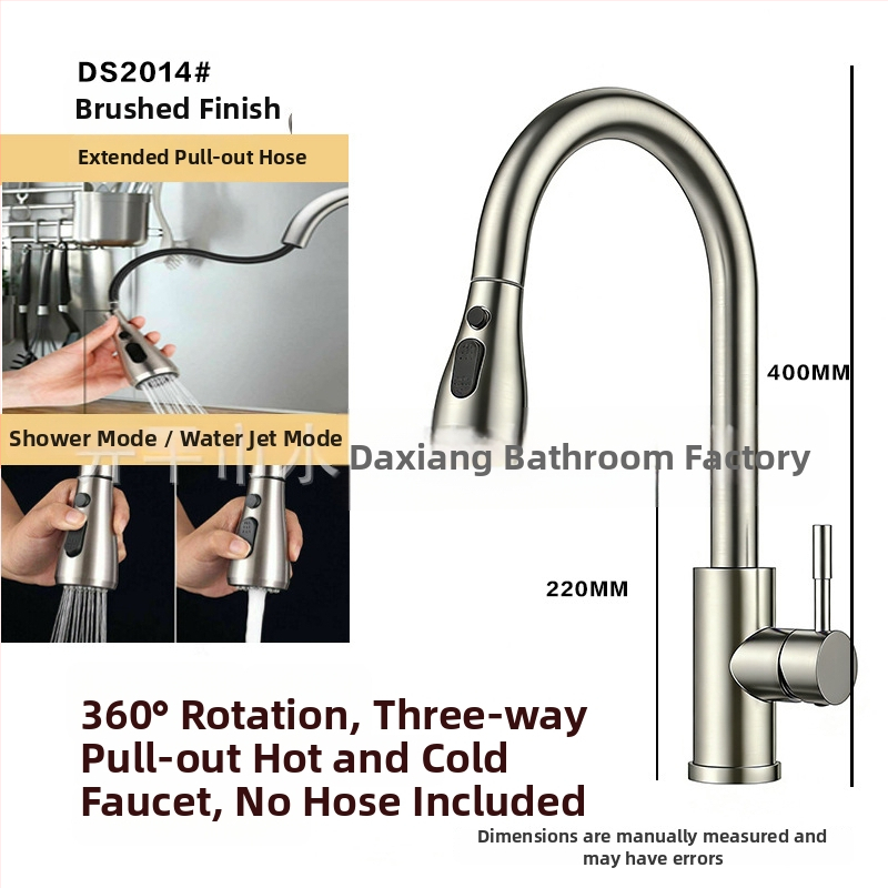 Kuchynský kohút s ťahacím výtokom z 304 nerezovej ocele, horúca a studená voda, otočný výtok, model A-102, vstup 1/2in