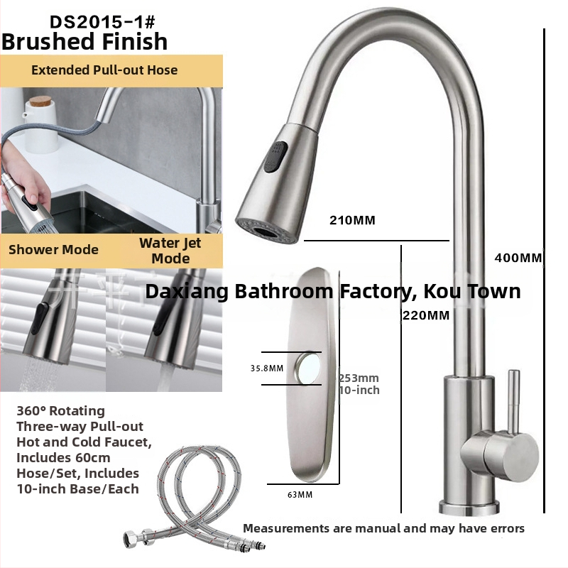 Kuchynský kohút s ťahacím výtokom z 304 nerezovej ocele, horúca a studená voda, otočný výtok, model A-102, vstup 1/2in