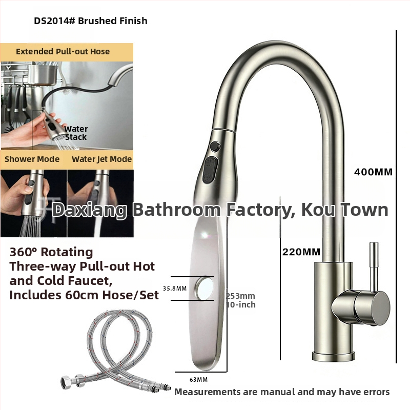 Kuchynský kohút s ťahacím výtokom z 304 nerezovej ocele, horúca a studená voda, otočný výtok, model A-102, vstup 1/2in