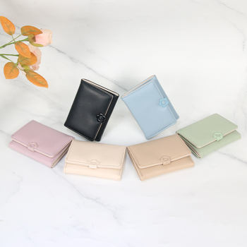 Дамски портфейл с PU кожа, три панели, бутон с форма на цвете, едноцветен модел, подплата полиестер
