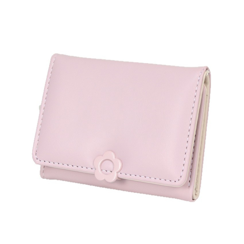 Дамски портфейл с PU кожа, три панели, бутон с форма на цвете, едноцветен модел, подплата полиестер