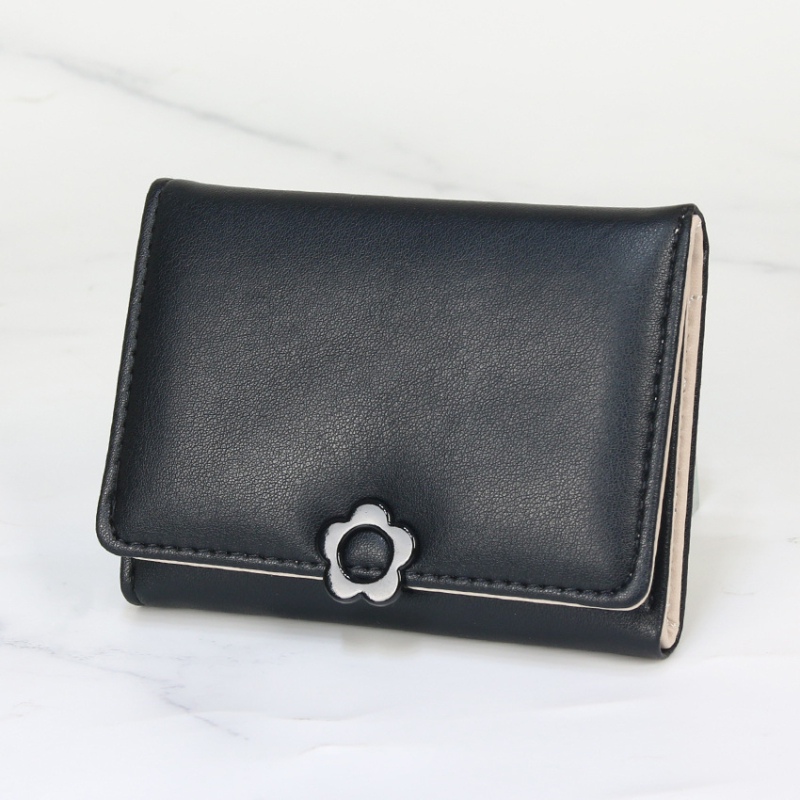 Дамски портфейл с PU кожа, три панели, бутон с форма на цвете, едноцветен модел, подплата полиестер