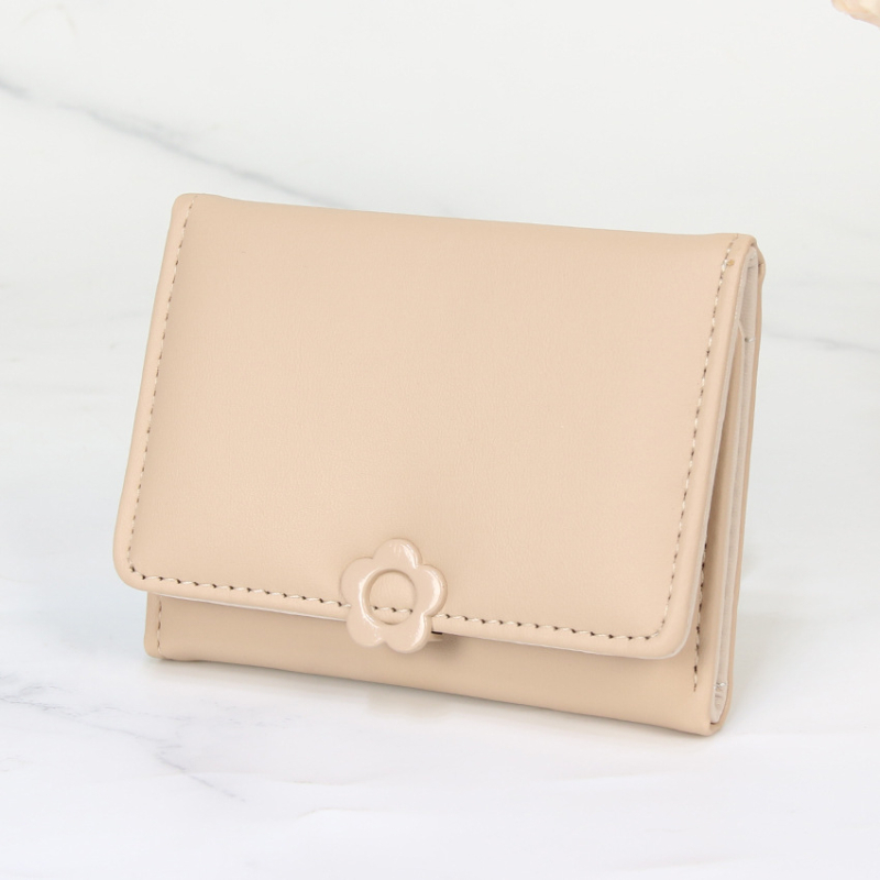 Дамски портфейл с PU кожа, три панели, бутон с форма на цвете, едноцветен модел, подплата полиестер