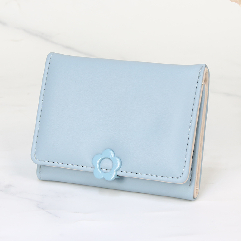 Дамски портфейл с PU кожа, три панели, бутон с форма на цвете, едноцветен модел, подплата полиестер