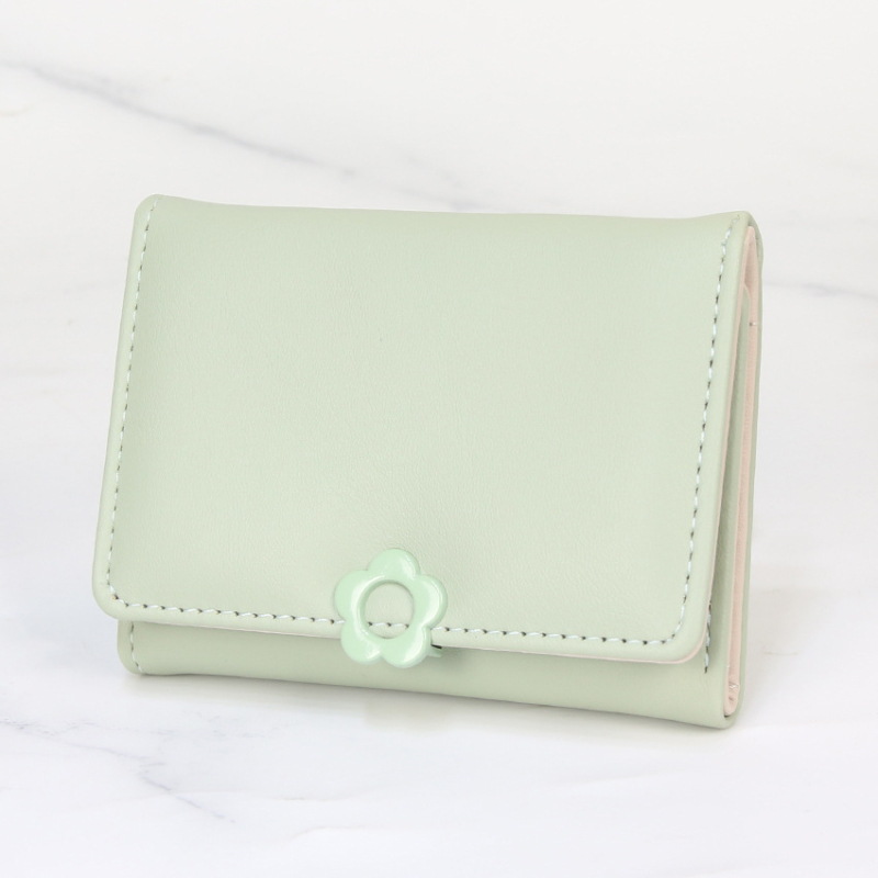 Дамски портфейл с PU кожа, три панели, бутон с форма на цвете, едноцветен модел, подплата полиестер