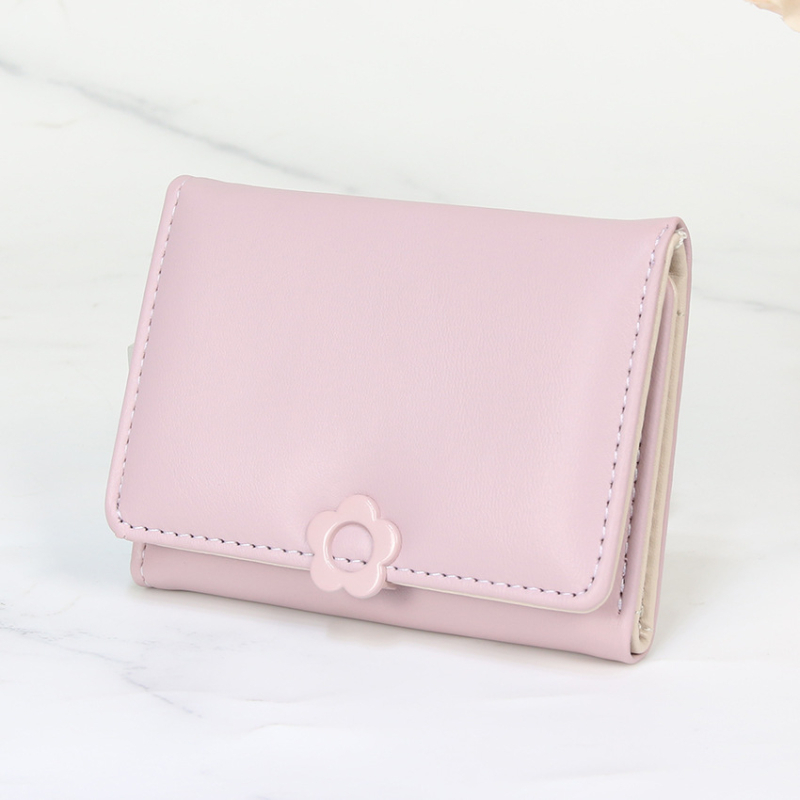 Дамски портфейл с PU кожа, три панели, бутон с форма на цвете, едноцветен модел, подплата полиестер