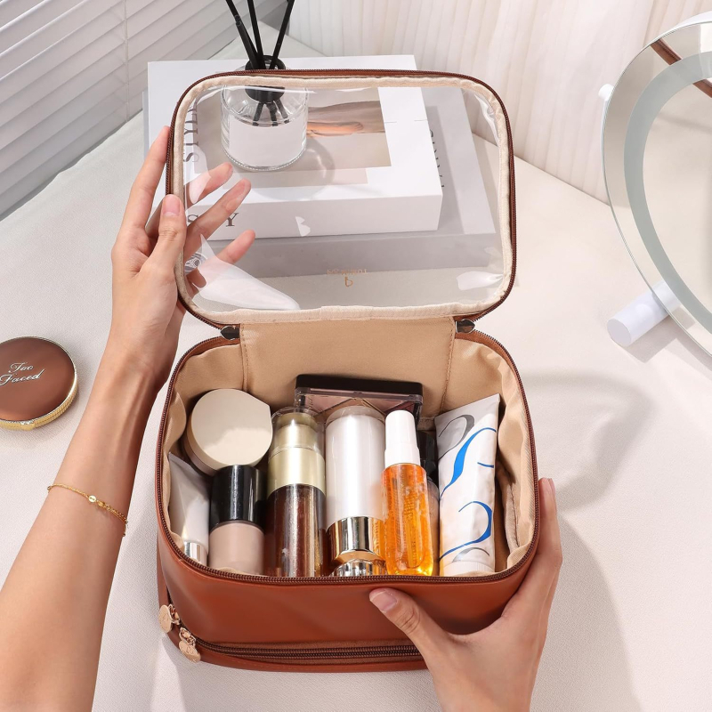 Прозрачна чантичка за грим от PU кожа, водоустойчива, ултралека, с цип