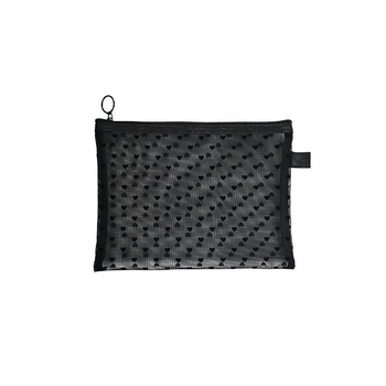 Мрежеста портативна чанта за съхранение за грим и пътуване, с джоб за слушалки и монети, стил ръчна чанта, с бродирана сърцевидна емблема