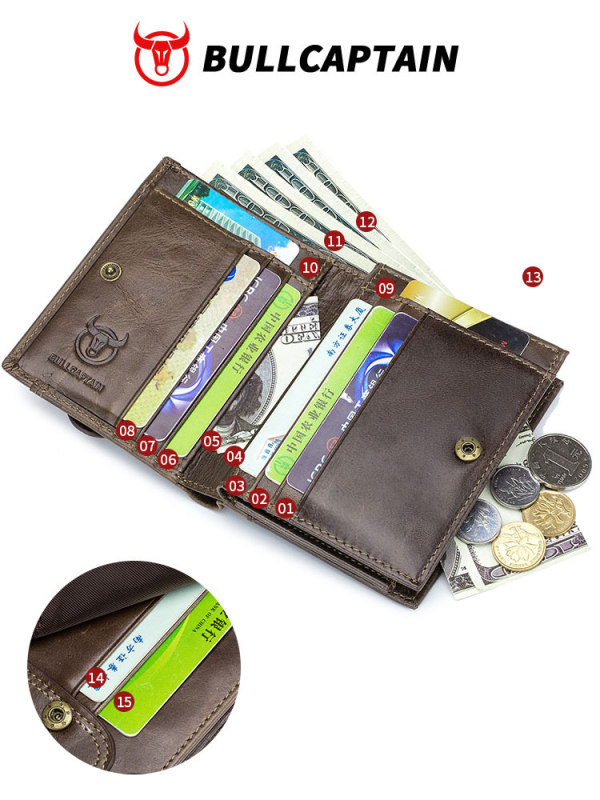 Мъжки кожен портфейл за шофьорска книжка и карти, естествена кожа от горен слой кравешка кожа, 2 сгъвки, ретро стил Европа-Америка, едноцветен, подплатен полиестер, анти-крадба и анти-скиминг