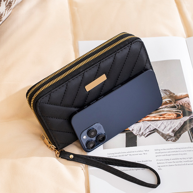 Дълга дамска портфейл с Doppel ципване, множество джобове за карти и монетник (PU кожа, синтетична подплата, урбанистичен стил, дишаща, ултралека)