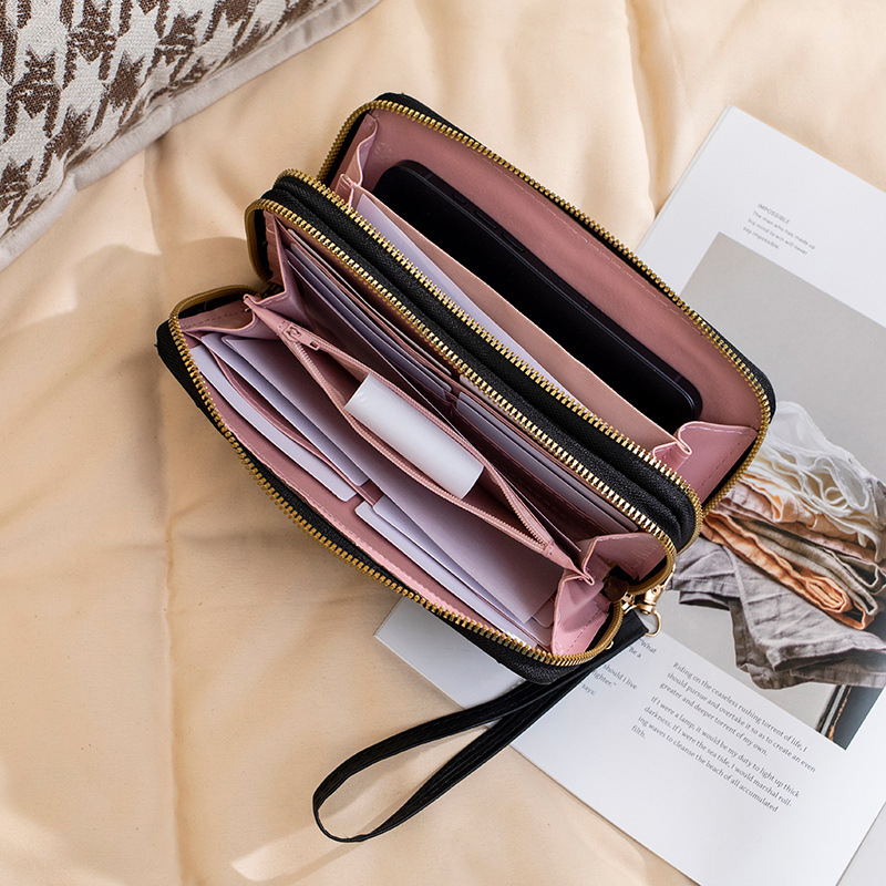 Дълга дамска портфейл с Doppel ципване, множество джобове за карти и монетник (PU кожа, синтетична подплата, урбанистичен стил, дишаща, ултралека)