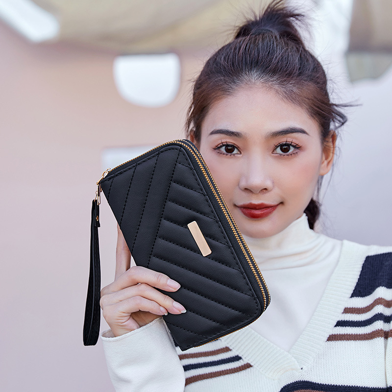 Дълга дамска портфейл с Doppel ципване, множество джобове за карти и монетник (PU кожа, синтетична подплата, урбанистичен стил, дишаща, ултралека)