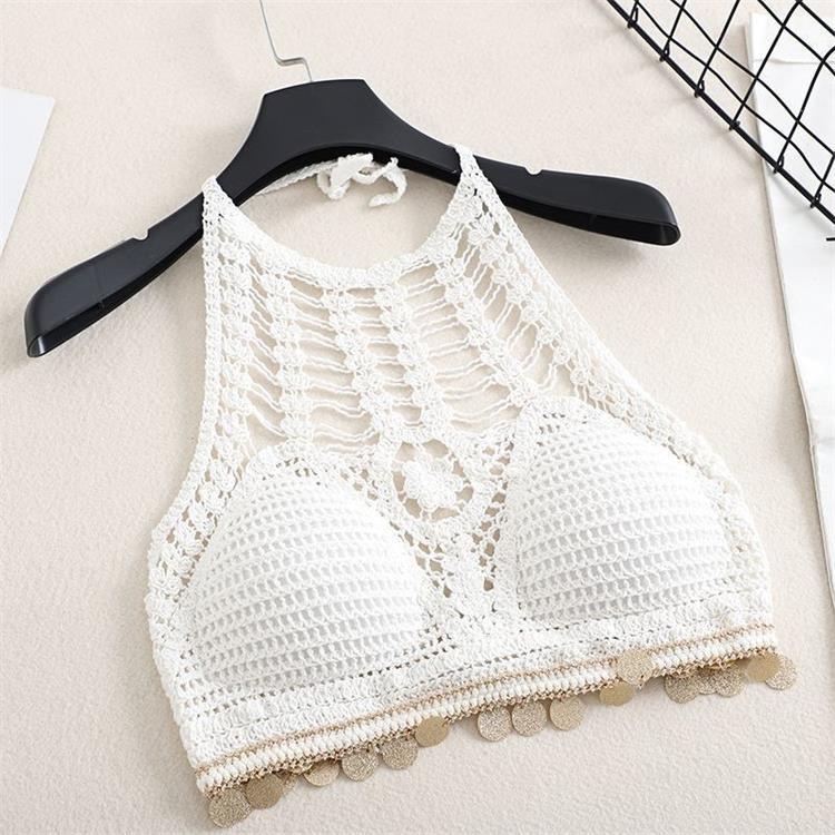 Pamut női halternyakú felső, hát nélküli, hímzett virágmintával, ultrakrát hosszúságú