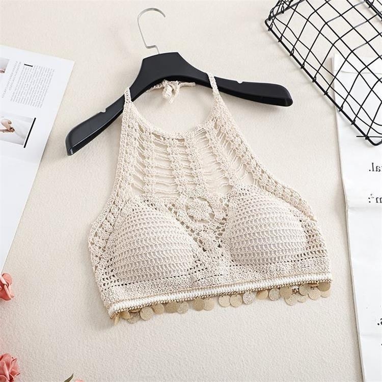 Pamut női halternyakú felső, hát nélküli, hímzett virágmintával, ultrakrát hosszúságú