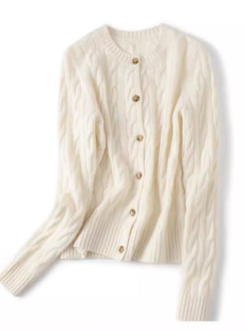 Дамски кашмиров кардиган, ретро стил, прав силует, кръгло деколте, техника: завиване, кашмир 95% и повече