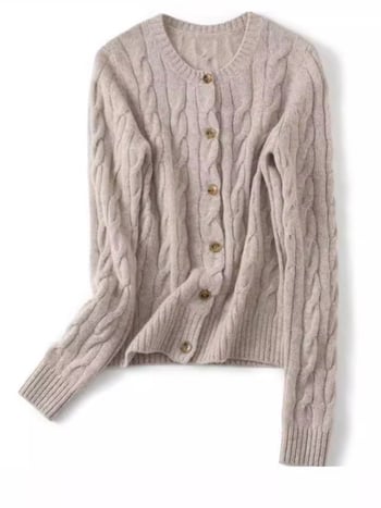 Дамски кашмиров кардиган, ретро стил, прав силует, кръгло деколте, техника: завиване, кашмир 95% и повече