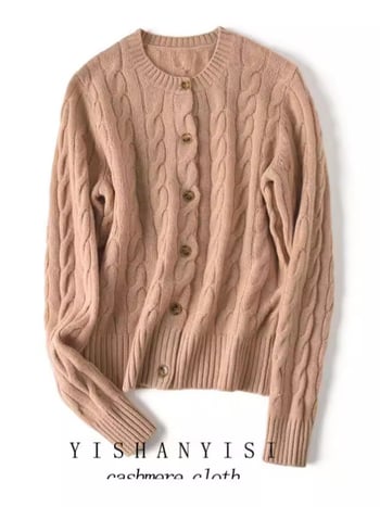 Дамски кашмиров кардиган, ретро стил, прав силует, кръгло деколте, техника: завиване, кашмир 95% и повече