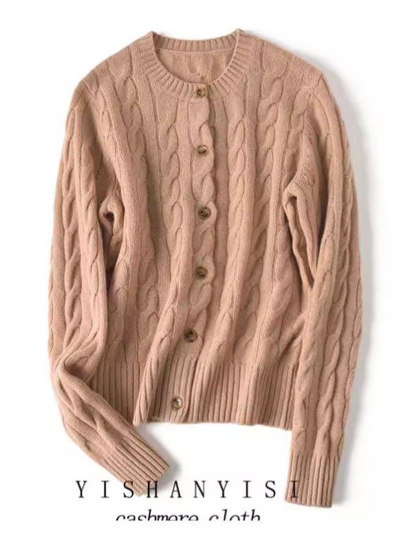 Дамски кашмиров кардиган, ретро стил, прав силует, кръгло деколте, техника: завиване, кашмир 95% и повече