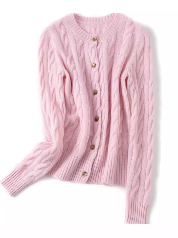 Дамски кашмиров кардиган, ретро стил, прав силует, кръгло деколте, техника: завиване, кашмир 95% и повече