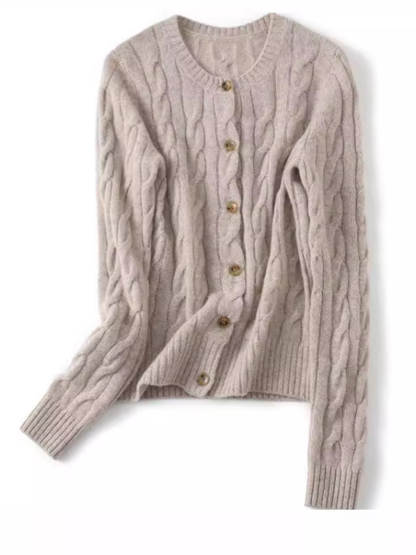 Дамски кашмиров кардиган, ретро стил, прав силует, кръгло деколте, техника: завиване, кашмир 95% и повече