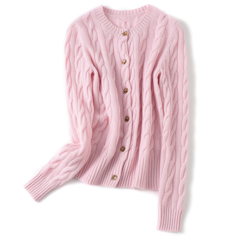 Дамски кашмиров кардиган, ретро стил, прав силует, кръгло деколте, техника: завиване, кашмир 95% и повече