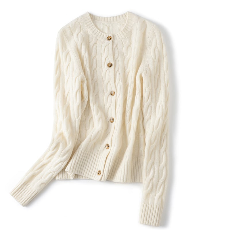 Дамски кашмиров кардиган, ретро стил, прав силует, кръгло деколте, техника: завиване, кашмир 95% и повече