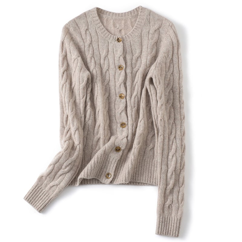 Дамски кашмиров кардиган, ретро стил, прав силует, кръгло деколте, техника: завиване, кашмир 95% и повече